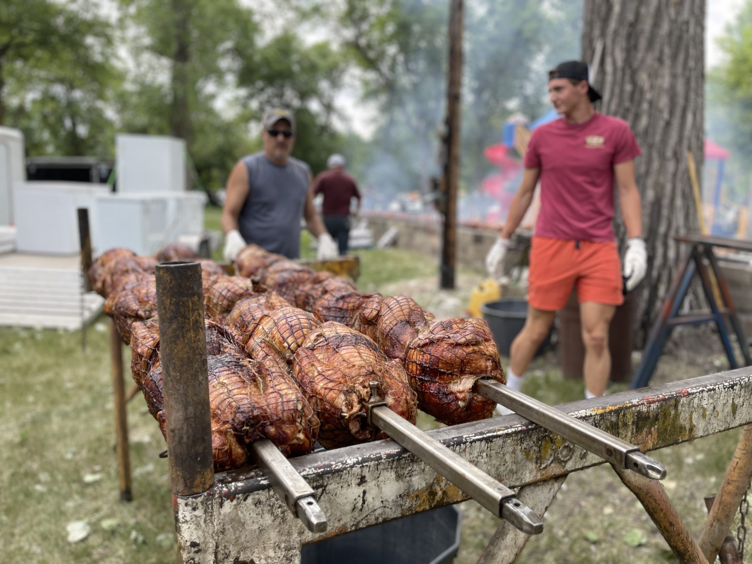 Turkey cooking on spit in Aneta, ND